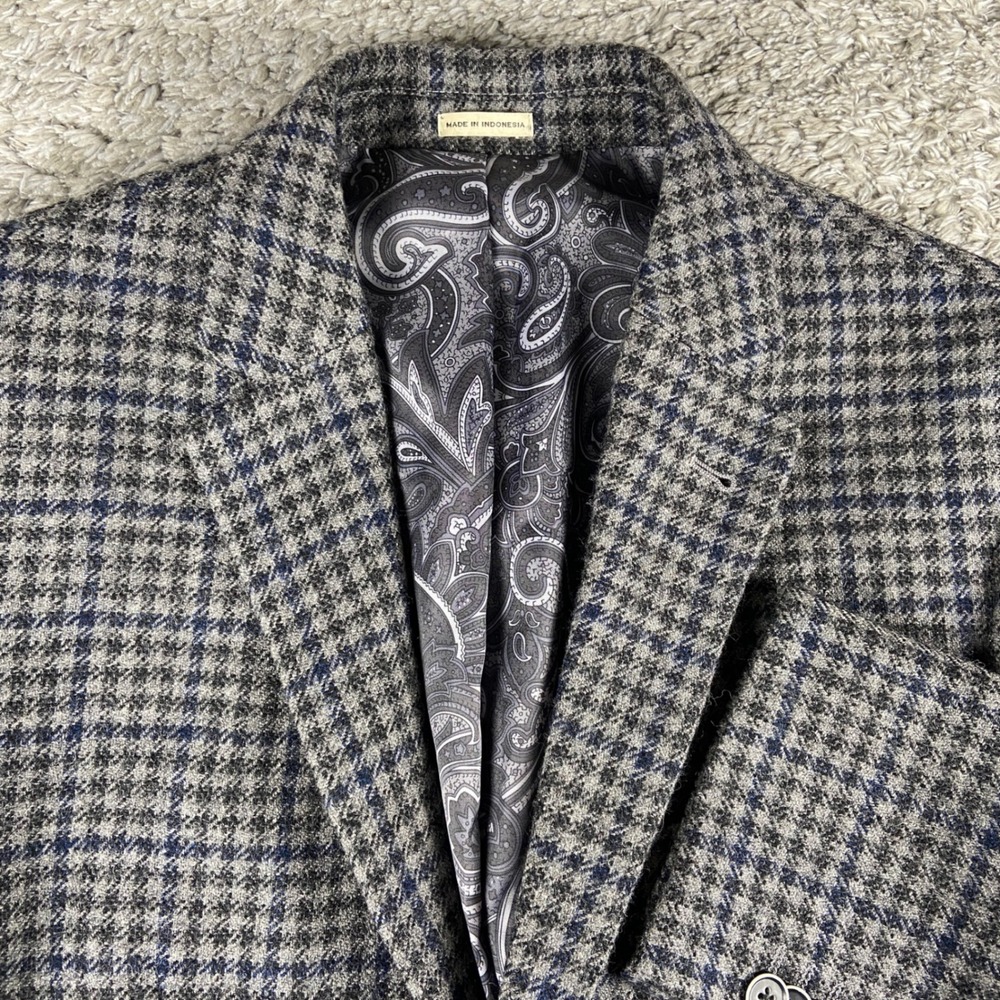 Joseph Abboud Houndstooth Sport Coat Mens 40S Grey Blue Wool Slim Fit Blazer